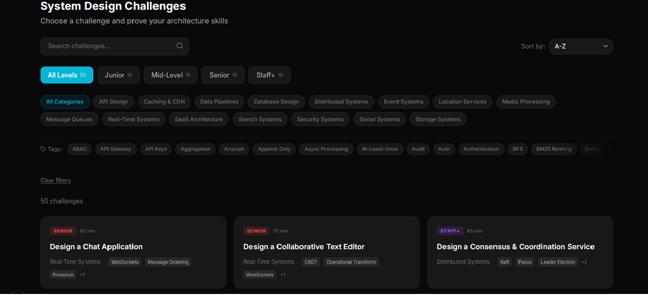 Screenshot: Challenge list page — show the filter bar (All Levels, difficulty tabs), search input, and a grid of challenge cards each with a title, difficulty badge, estimated time, and category tag