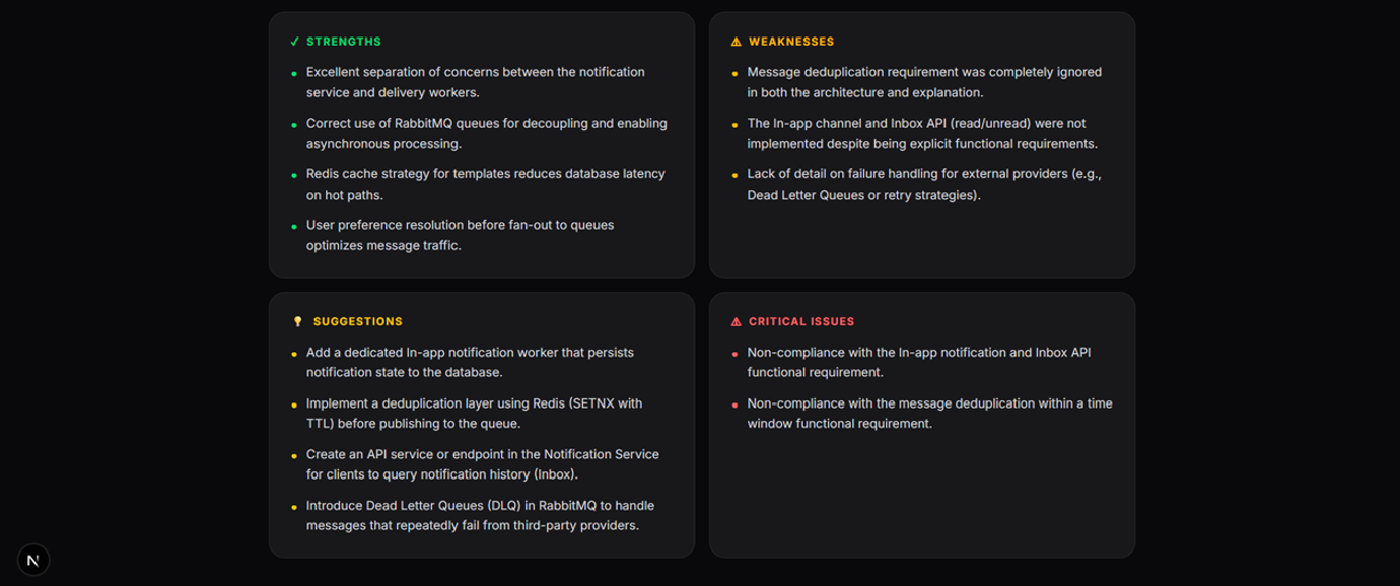 Screenshot: Evaluation results page — show the overall score (e.g. 7.8/10 with a circular progress indicator), a dimension breakdown with 4-5 labeled bars, a Strengths section with 2-3 bullet points, and a Suggestions section — view 2